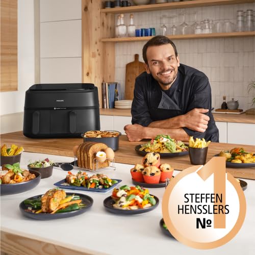 Philips Airfryer Dual Basket 3000 Series, 9L, 2 Körbe, 2 Gerichte gleichzeitig fertig, RapidAir Plus Heißlufttechnologie, 90% weniger Fett, Energieeffizient, HomeID Rezepte-App (NA350/00)