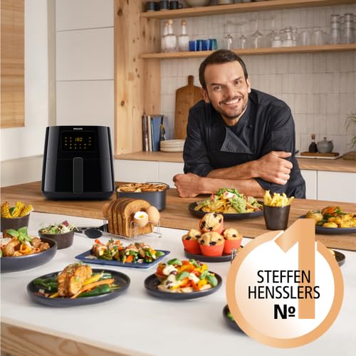 Philips Essential Airfryer XL - 6.2L, Fritteuse ohne Öl, Rapid Air Heißlufttechnologie, Touchscreen, NutriU App mit Rezepten (HD9270/90), 2000 W, 15 x 15 x 14 cm, Schwarz