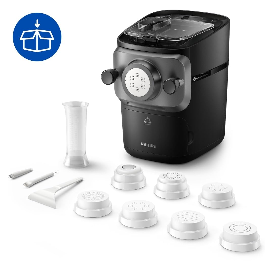 Philips 7000 Serie PastaMaker, Perfekte Nudeln Selbstgemacht, Automatisches Wiegen, 8 Pastasorten, Einfache Reinigung, bis zu 8 Portionen, ProExtrude-Technologie, Vegan, Glutenfrei, Schwarz(HR2665/93)