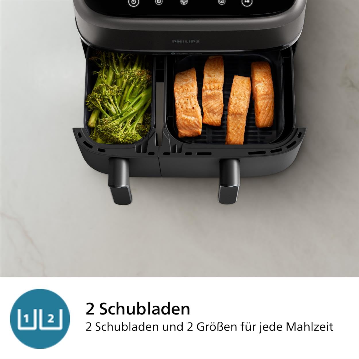 Philips Airfryer Dual Basket 3000 Series, 9L, 2 Körbe, 2 Gerichte gleichzeitig fertig, RapidAir Plus Heißlufttechnologie, 90% weniger Fett, Energieeffizient, HomeID Rezepte-App (NA350/00)