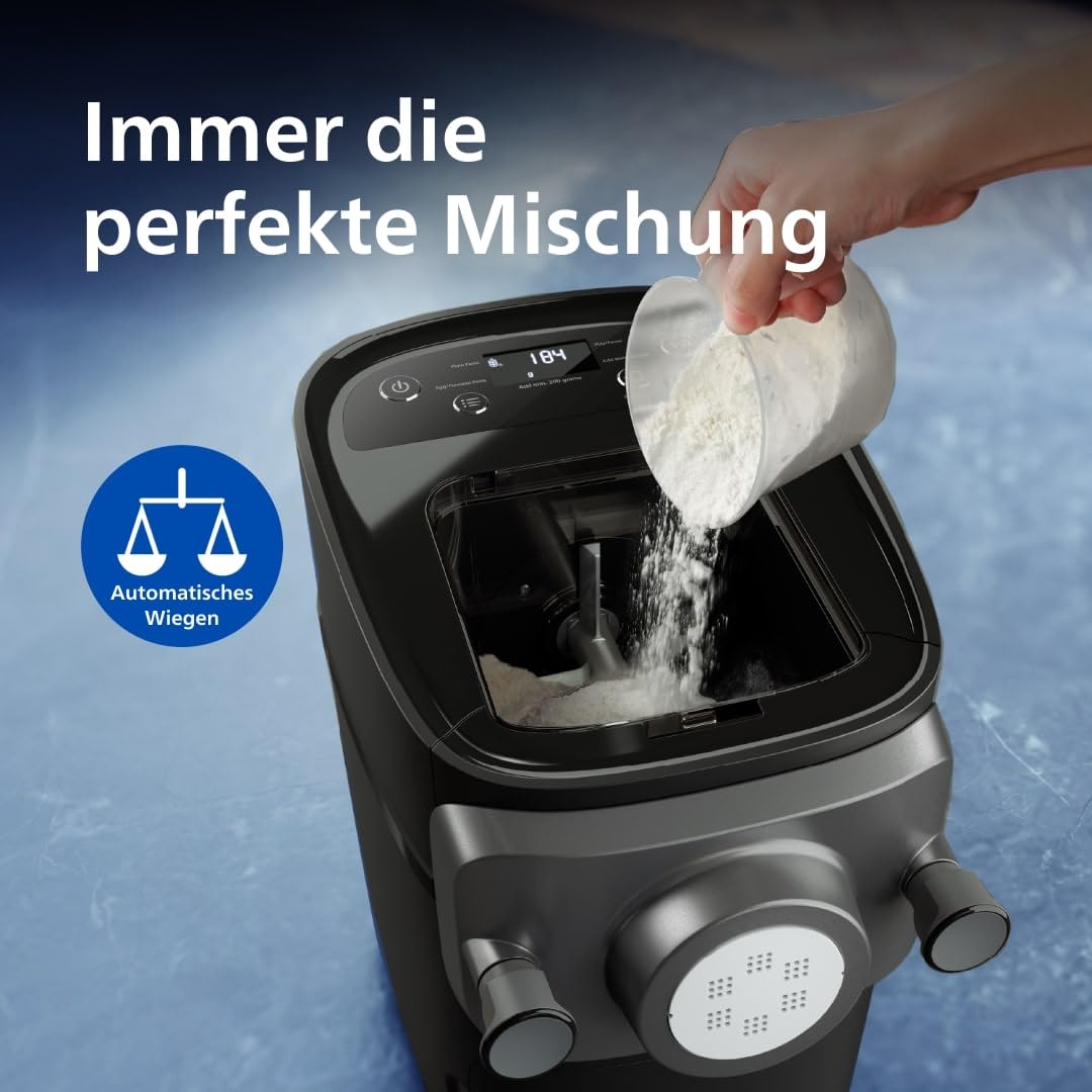 Philips 7000 Serie PastaMaker, Perfekte Nudeln Selbstgemacht, Automatisches Wiegen, 8 Pastasorten, Einfache Reinigung, bis zu 8 Portionen, ProExtrude-Technologie, Vegan, Glutenfrei, Schwarz(HR2665/93)