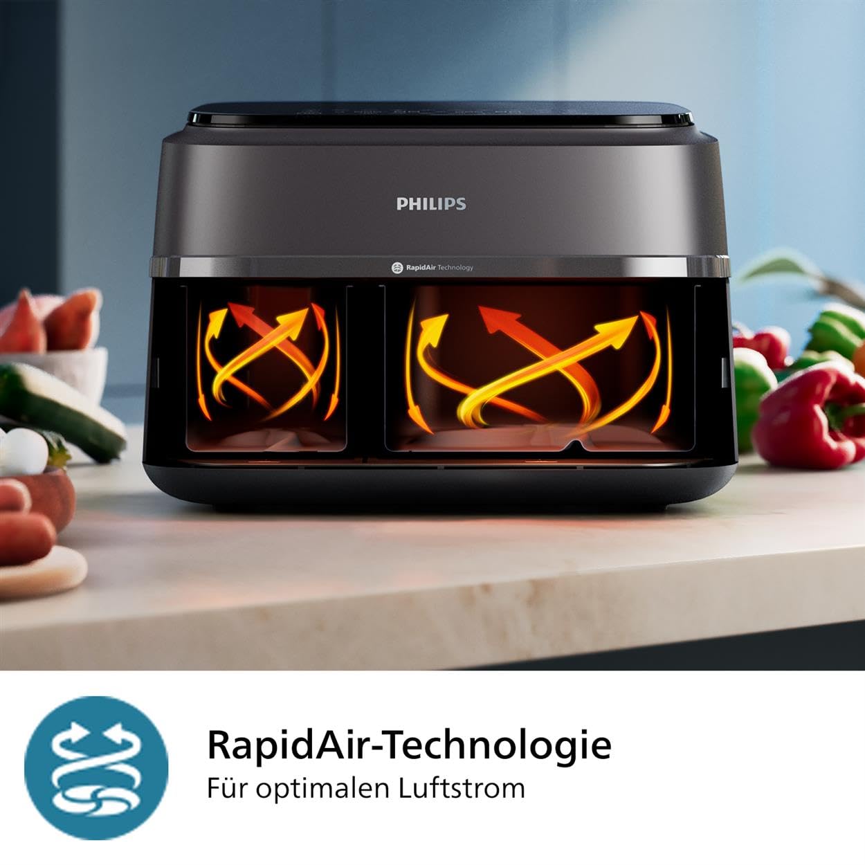 Philips Airfryer Dual Basket 3000 Series, 9L, 2 Körbe, 2 Gerichte gleichzeitig fertig, RapidAir Plus Heißlufttechnologie, 90% weniger Fett, Energieeffizient, HomeID Rezepte-App (NA350/00)