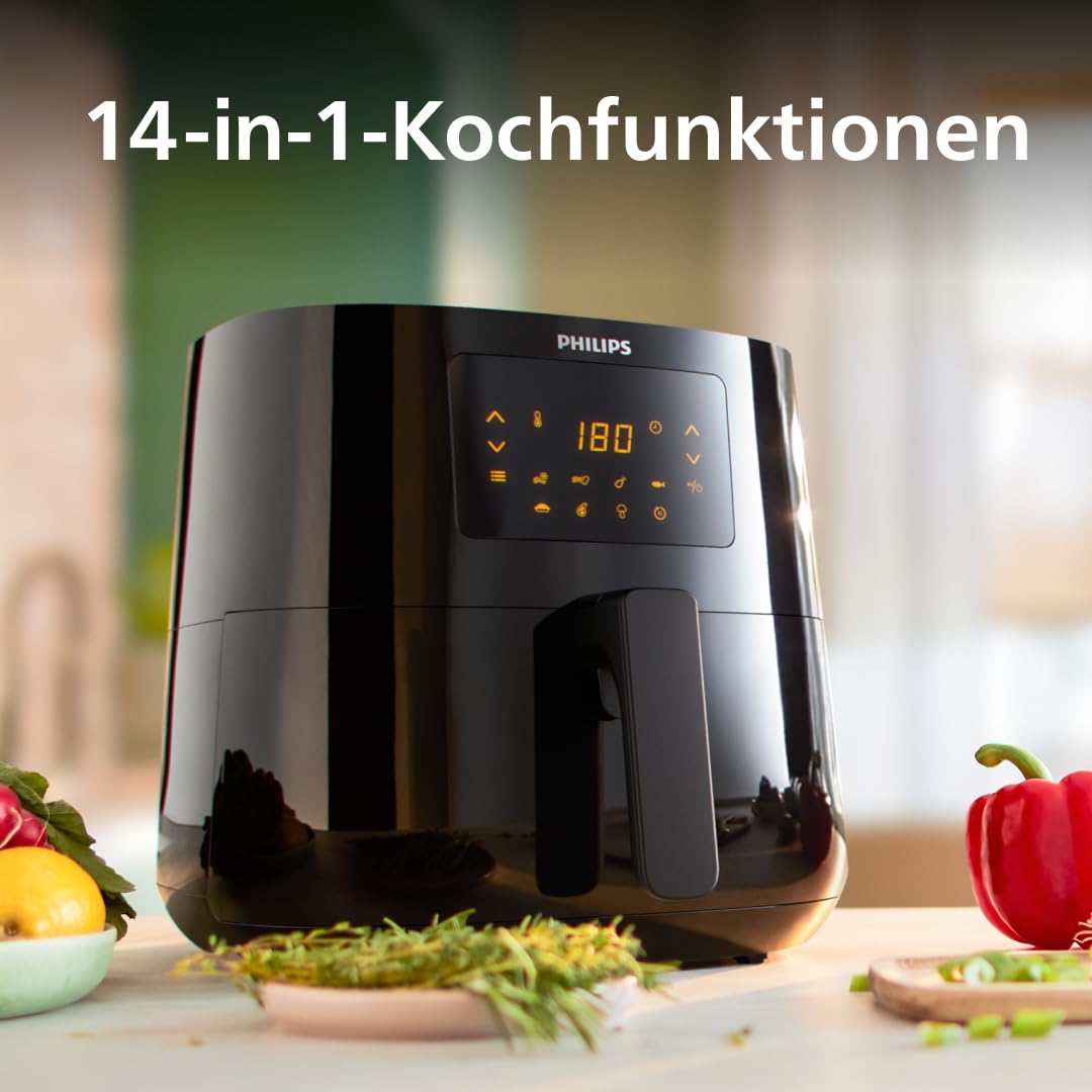 Philips Essential Airfryer XL - 6.2L, Fritteuse ohne Öl, Rapid Air Heißlufttechnologie, Touchscreen, NutriU App mit Rezepten (HD9270/90), 2000 W, 15 x 15 x 14 cm, Schwarz