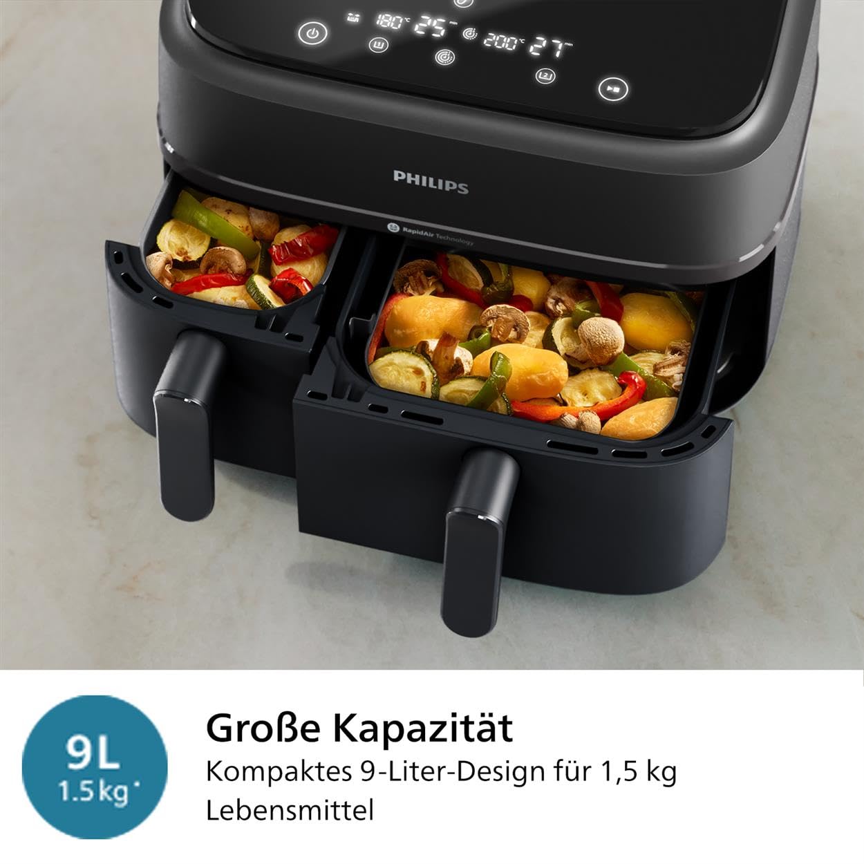 Philips Airfryer Dual Basket 3000 Series, 9L, 2 Körbe, 2 Gerichte gleichzeitig fertig, RapidAir Plus Heißlufttechnologie, 90% weniger Fett, Energieeffizient, HomeID Rezepte-App (NA350/00)