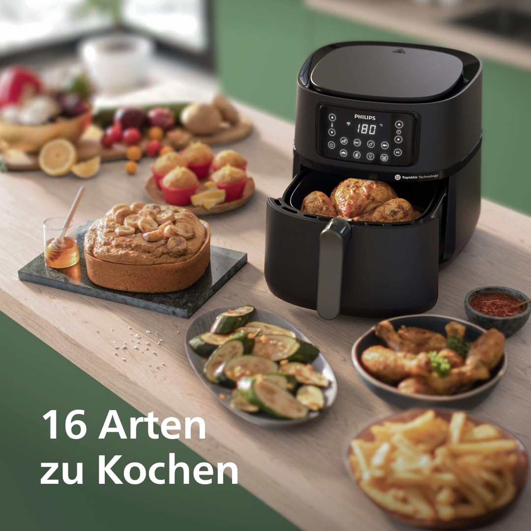 Philips Airfryer 5000 Connected Series – 16 Arten der Zubereitung, 7,2 l Fassungsvermögen, Rapid Air Technologie für gesunde Mahlzeiten, energiesparend, leicht zu reinigen (HD9285/90)