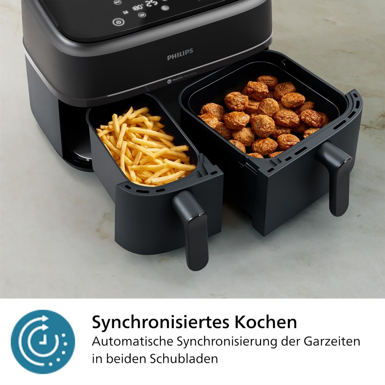 Philips Airfryer Dual Basket 3000 Series, 9L, 2 Körbe, 2 Gerichte gleichzeitig fertig, RapidAir Plus Heißlufttechnologie, 90% weniger Fett, Energieeffizient, HomeID Rezepte-App (NA350/00)